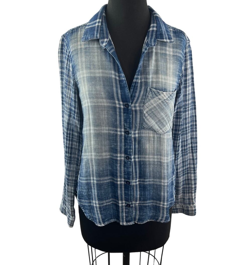 Bella Dahl Blue White Top Cotton Plaid Vintage Wash Collared Button-Up Sz Small